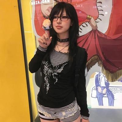 2KWEIRD Japanese Y2k Fake Two-piece Tops Trashy 2000s Tattoo Print T-shirt Grunge Aesthetics Patchwork T Shirts Gothic Vintage