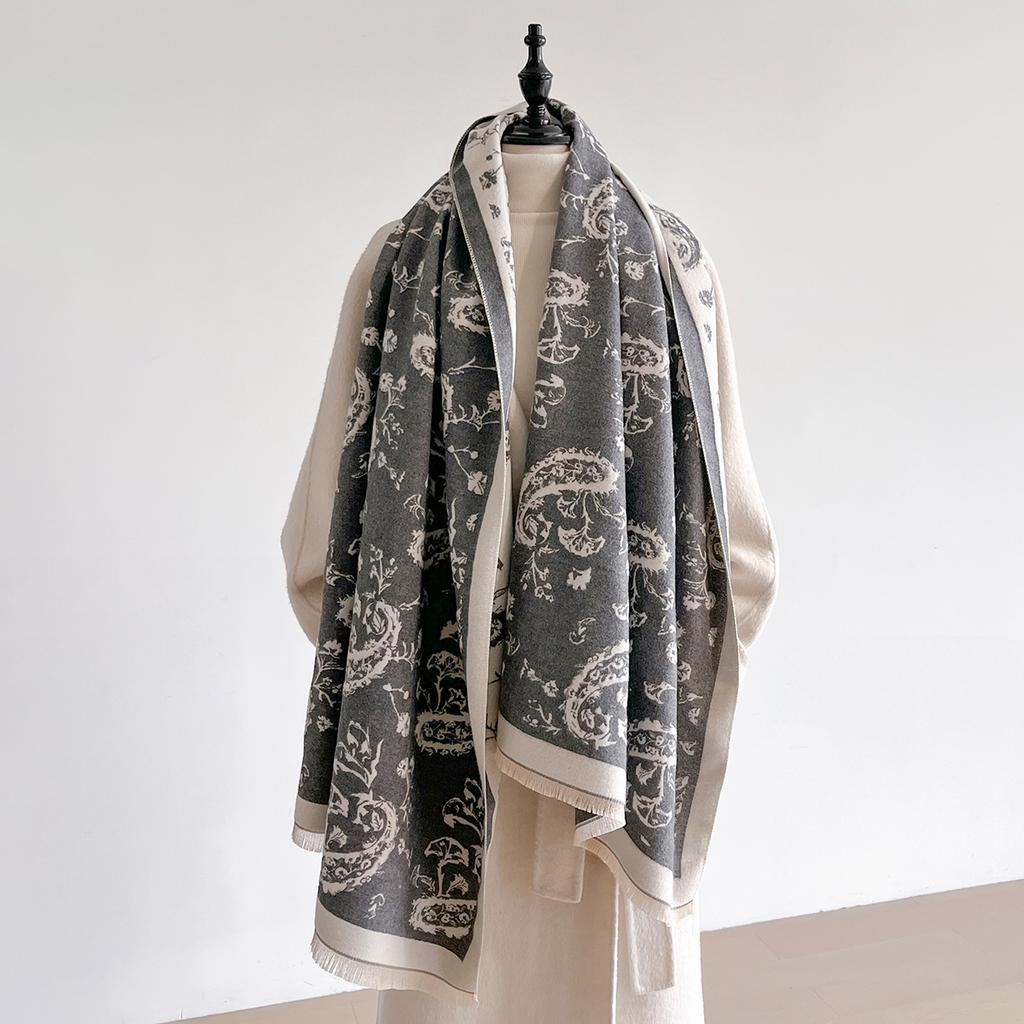 Elegant Floral Jacquard Pashmina Shawl for Women Winter Thick Warm Double Sided Tassel Design Coldproof Windproof Blanket Scarf