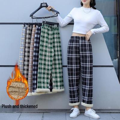 Damen High-Waist Plaid Fleecegefütterte Weitbein-Hose - Herbst/Winter 2025 Kollektion