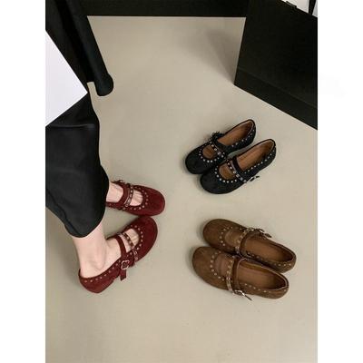 Spring Suede Casual Word with Mary Jane Shoes Round Head Rivets Inner Height Increase Single Shoes Women