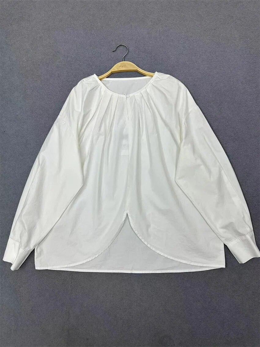 

Johnature нерегулярная ретро плиссированная рубашка с круглым вырезом для женщин, весенний хлопковый свободный пуловер с длинными рукавами, повседневные рубашки One Size белый