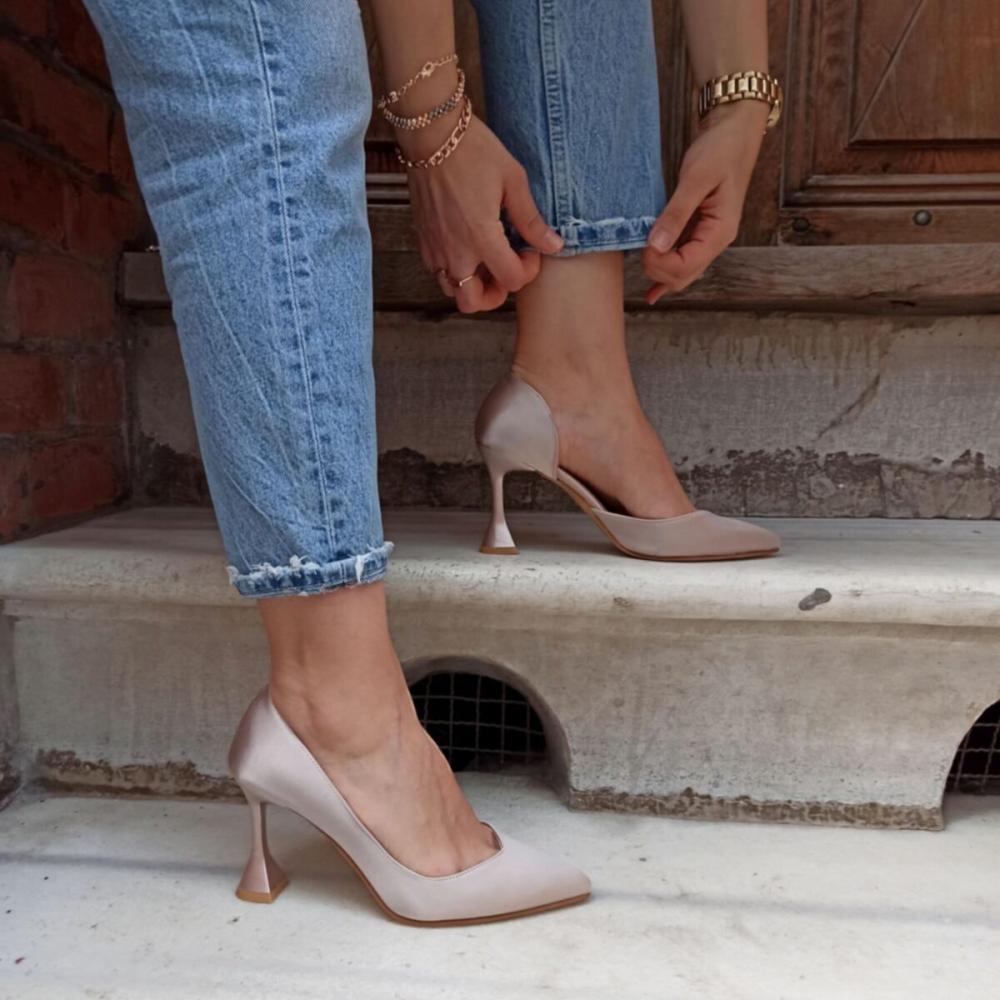 Women's Fashion Green Satin V Cut Detailed 9 Cm Champagne Heel Heeled Shoes