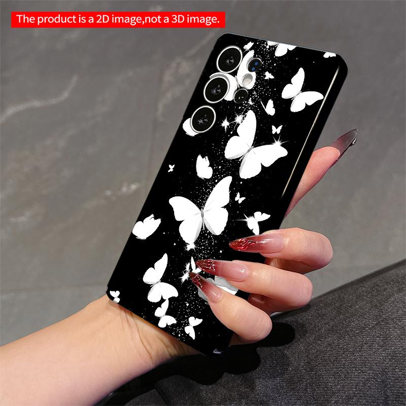 2DFlat Samsung Phone Case White Butterflies Sparkle On Black Background Applicable To Galaxy S22 S23 S24 S25ULTRA S26 A12 A13 A14 A15 A16