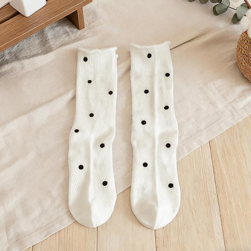 Women's Retro Polka Dot Gray Cotton Mid-Calf Socks - Breathable, Rolled Hem, Ballet Style for Spring & Autumn