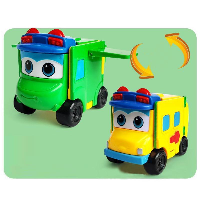 Детская пластиковая машинка-перевертыш, забавная мини-модель-трансформер, мультяшная полицейская машина, пожарная машина, подарок для мальчиков, девочек