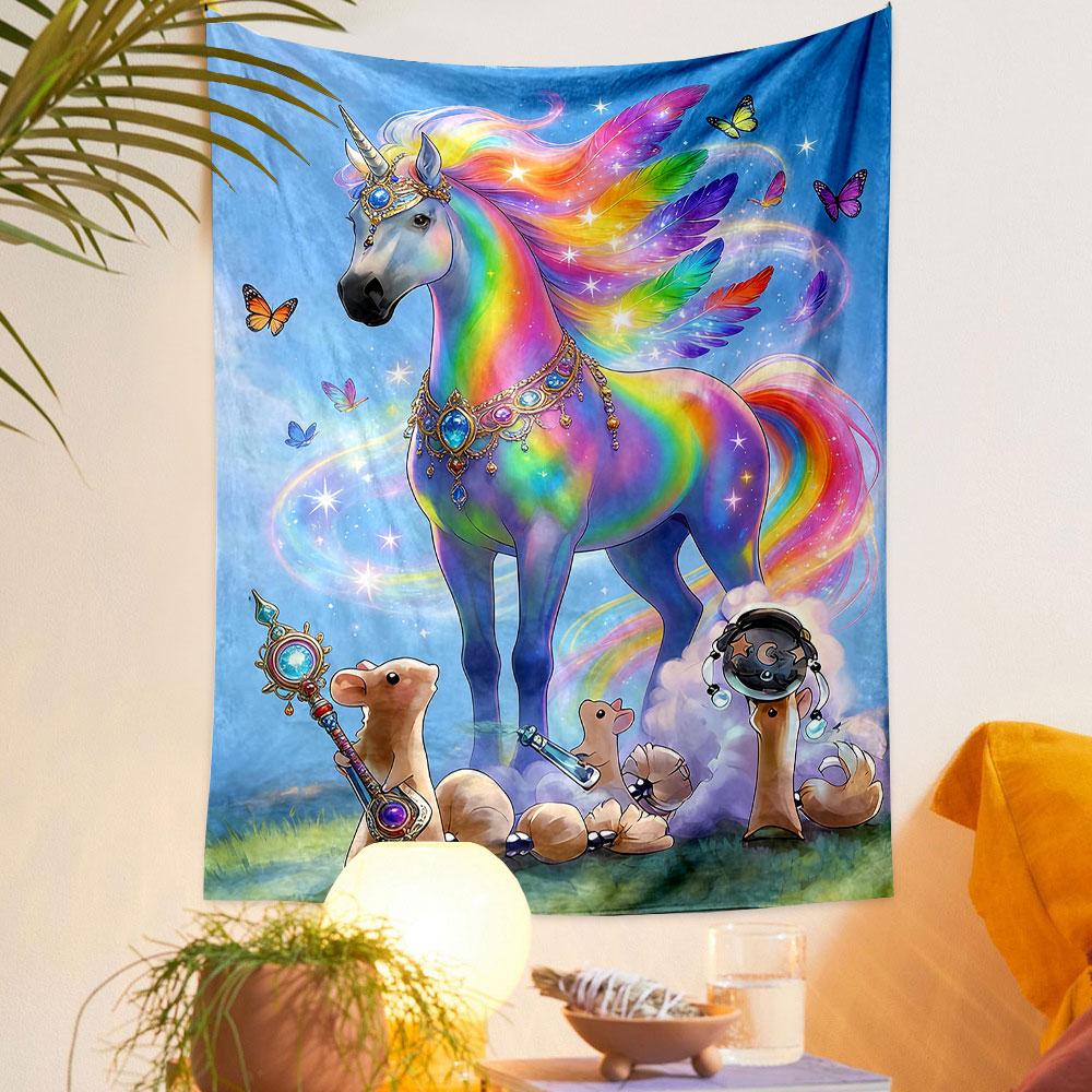 Rainbow Unicorn with Magical Creatures Patterned Tapestry Home Decor, Suitable for Bedroom and Living Room, Gift