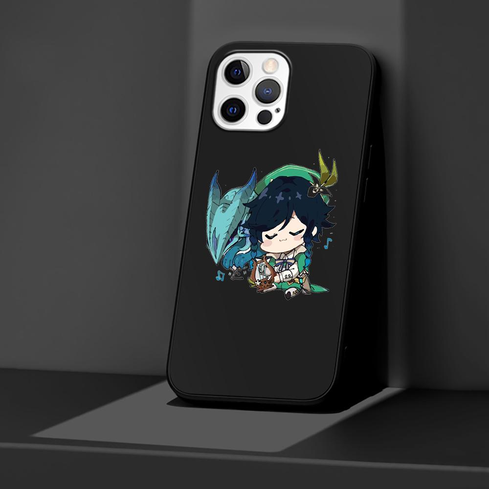 Phone Case for Apple iPhone 14 11 13 Pro Max 12 Mini XR 7 8 + SE 2020 XS 6 6s Plus 5 5s Genshin Impact Cute Silicone Black Cover