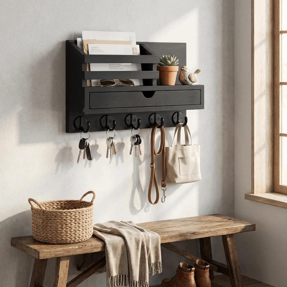 Solid Wood Wooden Wall Mounted Storage Rack Multiple Hooks Simple Design Wall-Mounted Storage Rack Natural Appearance