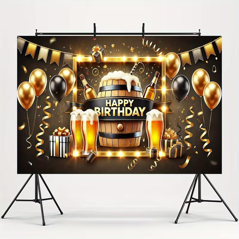 2D Flat Beer Barrel Birthday Banner Black & Gold Themed Backdrop for Men's Beer Celebration Party