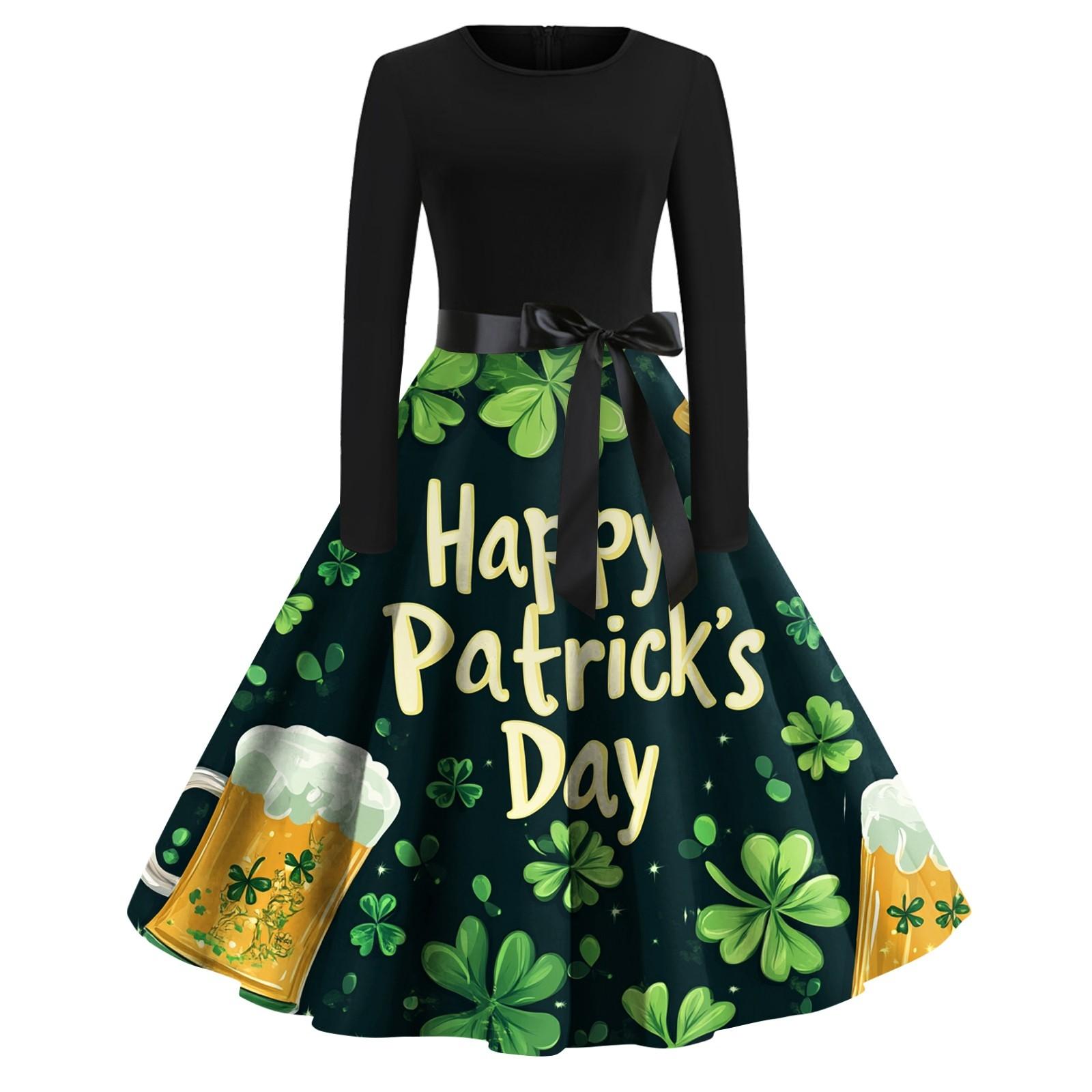 

Женская мода с круглым вырезом, повседневная, облегающая, St. Платье с длинными рукавами и принтом Патрика L армия зеленый