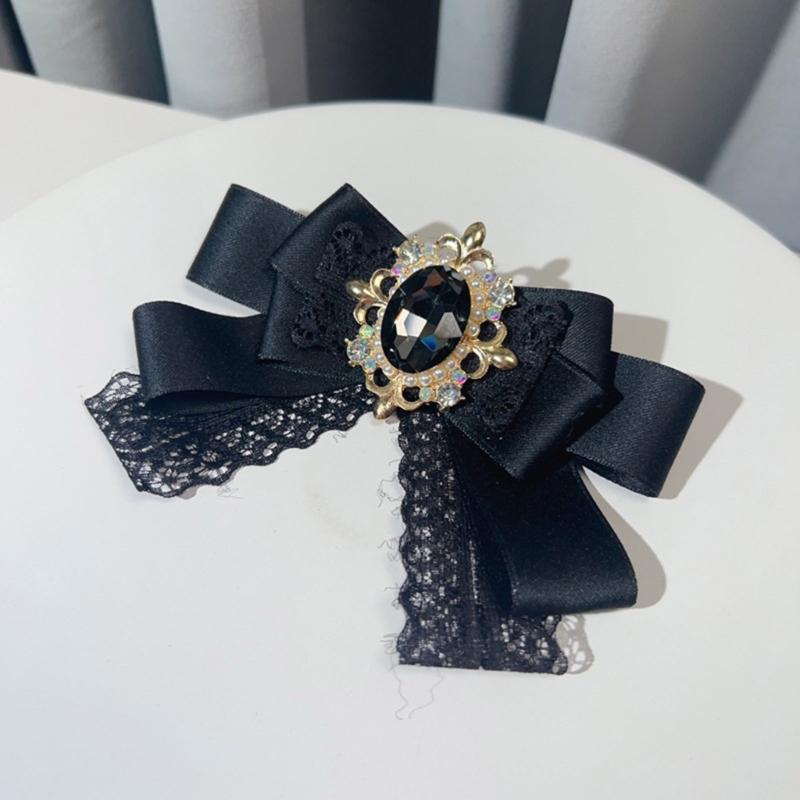 Elegante Spilla a Forma di Fiocco in Pizzo e Nastro per Donna, Nodo Pre-annodato, Jabot, Collo con Strass, Cristallo per Eventi Formali