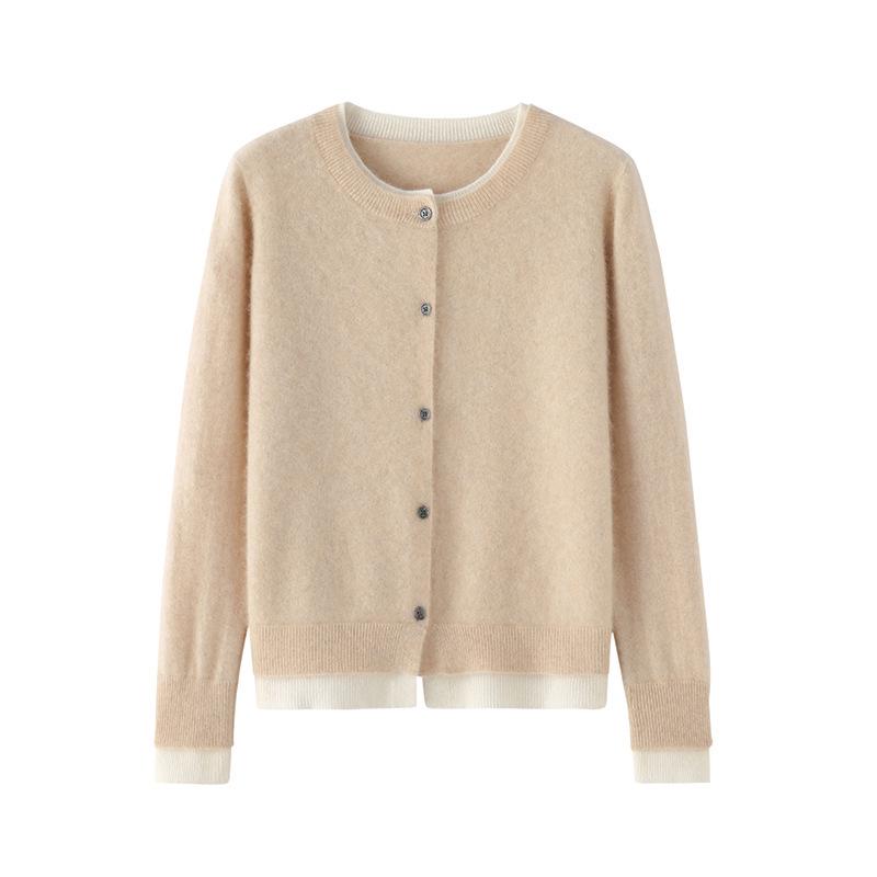 Color-Block Cashmere Cardigan: Women's Round Neck Loose Slimming Wool Knit Sweater for Autumn and Winter