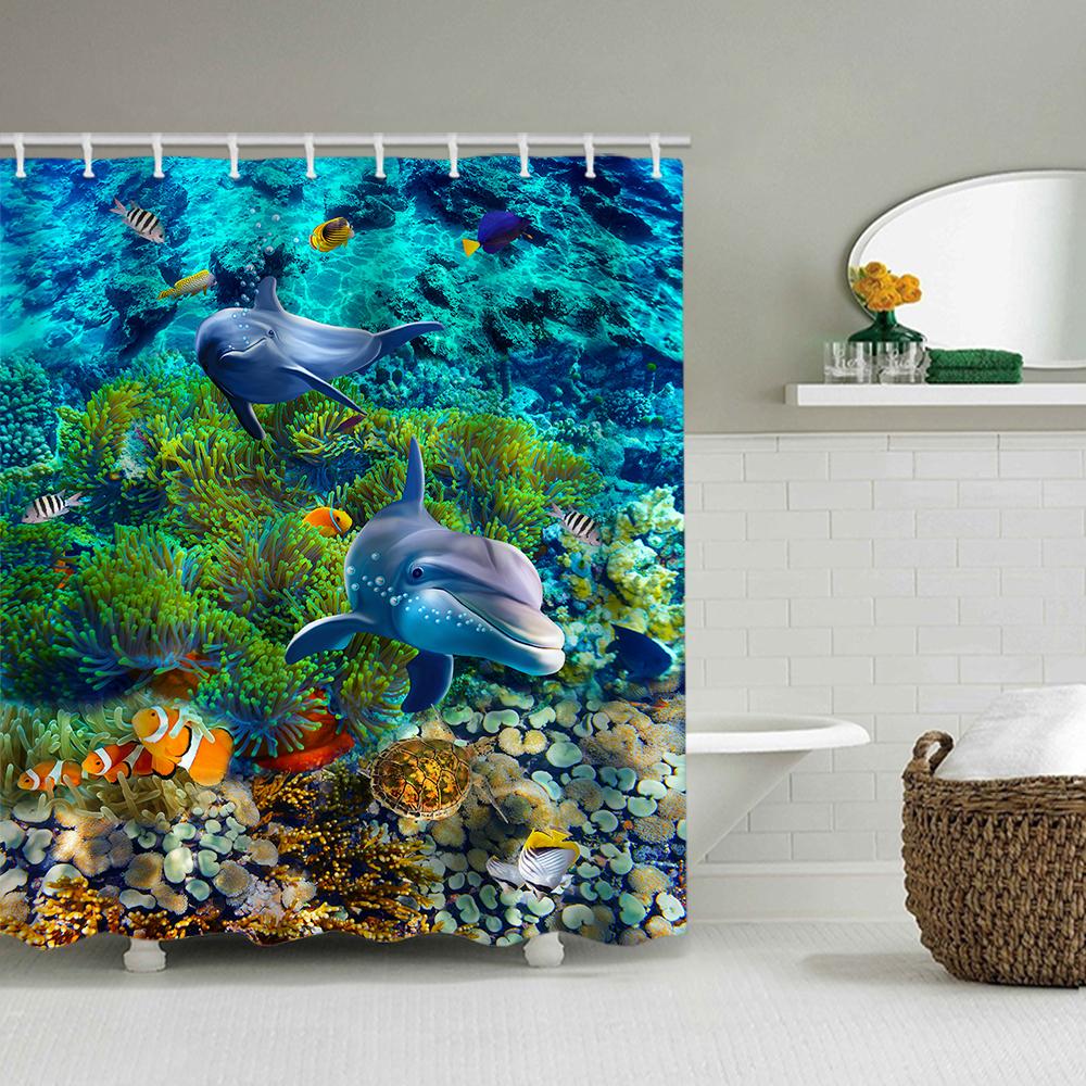 1/4 Marine Organism Shower Curtains, Toilet Seat Decoration, Shower Curtain With Carpet And Toilet Lid, 12 70.8X70.8 Inch Hooks