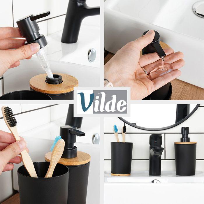 Ensemble d'accessoires de salle de bains Vilde - Distributeur de savon et gobelet - 16,5 x 8,5 x 17,5 cm - Noir