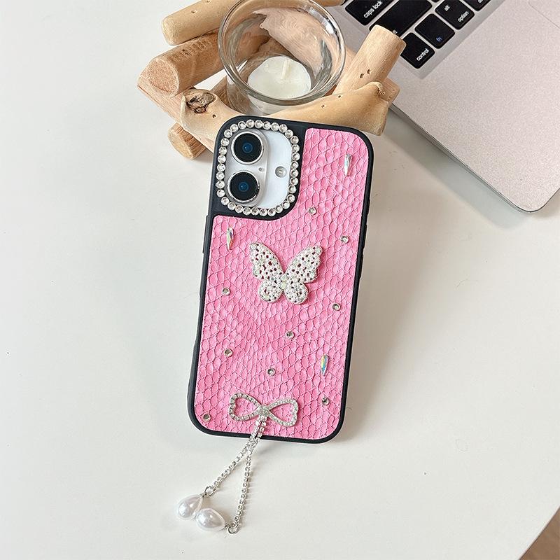 Silver Bead Butterfly Mobile Phone Case for Apple 17 Promax Rhinestone Tassel Pearl Pendant for IPhone 16 Plaid Leather