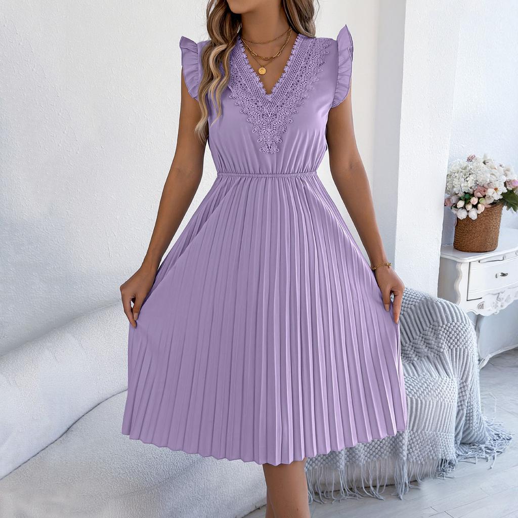Modisches Lässiges Spitzen-V-Ausschnitt-Kleid mit Rüschen, Taillenbetonung und Falten