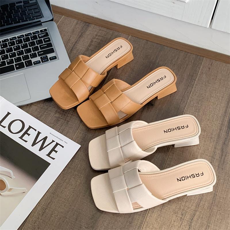 Women's Leather Slide Sandals Square-toe Block Heel Mules with Woven Strap for Summer Casual Wear