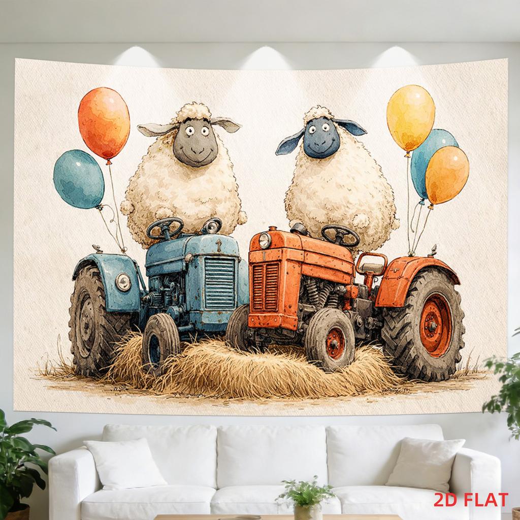 Arazzo da Parete con Pecore e Trattore Decorazione Rustica Arte per Asilo Stampa su Tela Arredo Parete Cucina Fattoria Country Soggiorno