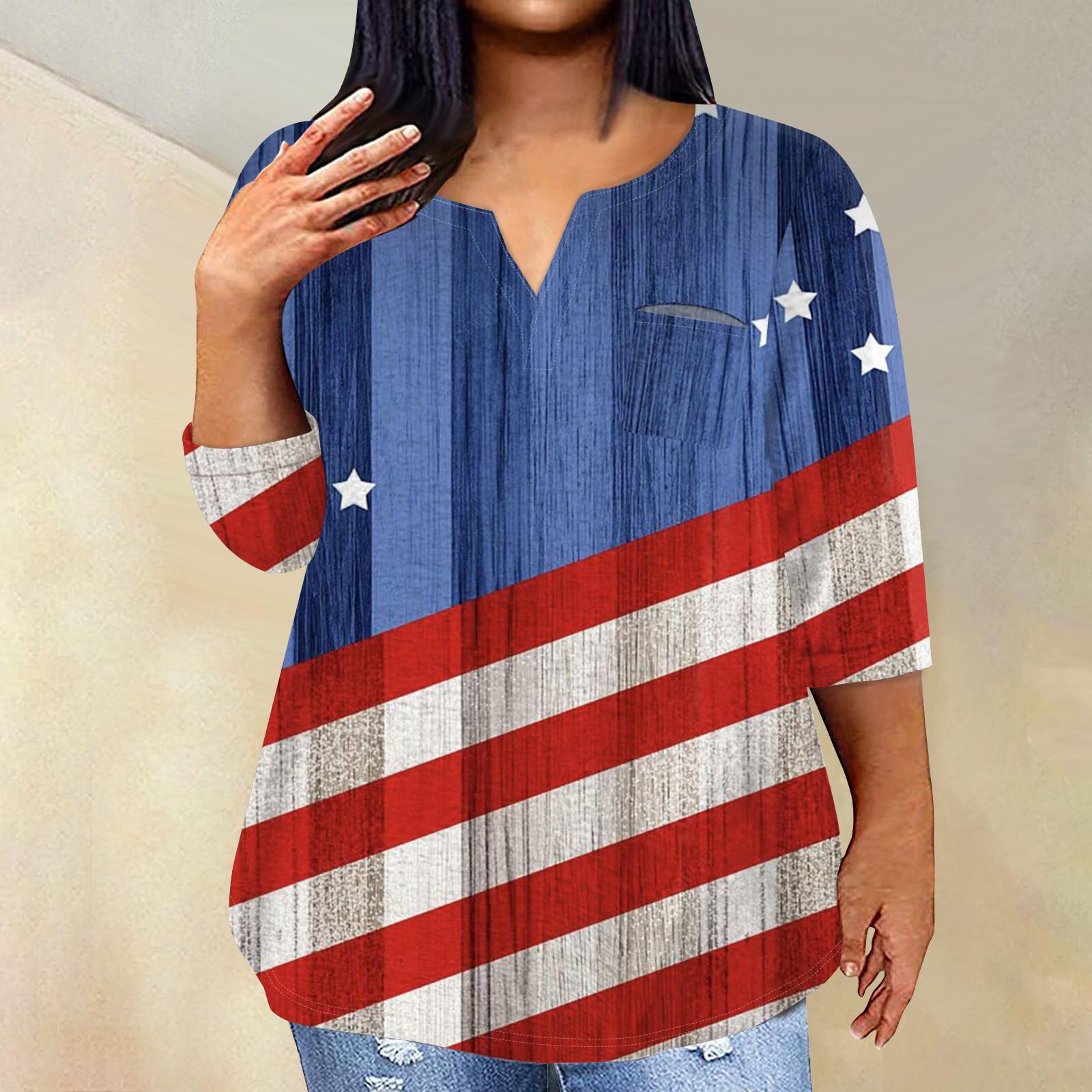 

Женский модный повседневный пуловер с рукавами три четверти и принтом в честь Дня независимости и V-образным вырезом, топ с рукавами 3/4 XXL