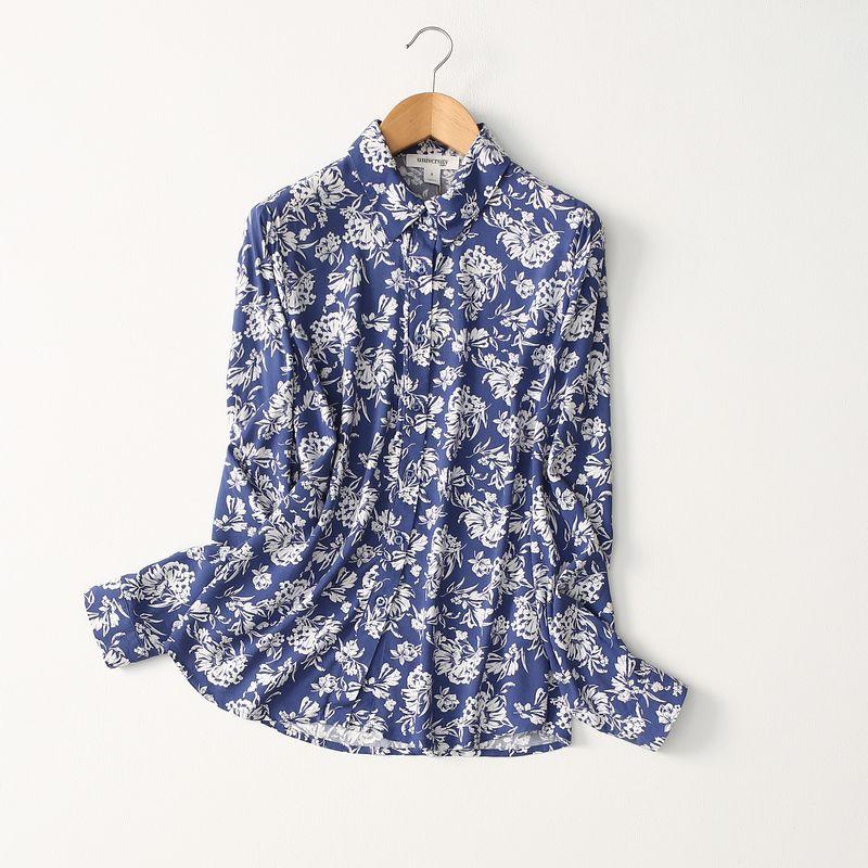 Foreign Trade Original Order Elegant Blue and White Porcelain Printed Cotton Silk Shirt Women's Long Sleeve Thin Summer Loose Artificial Cotton Tops