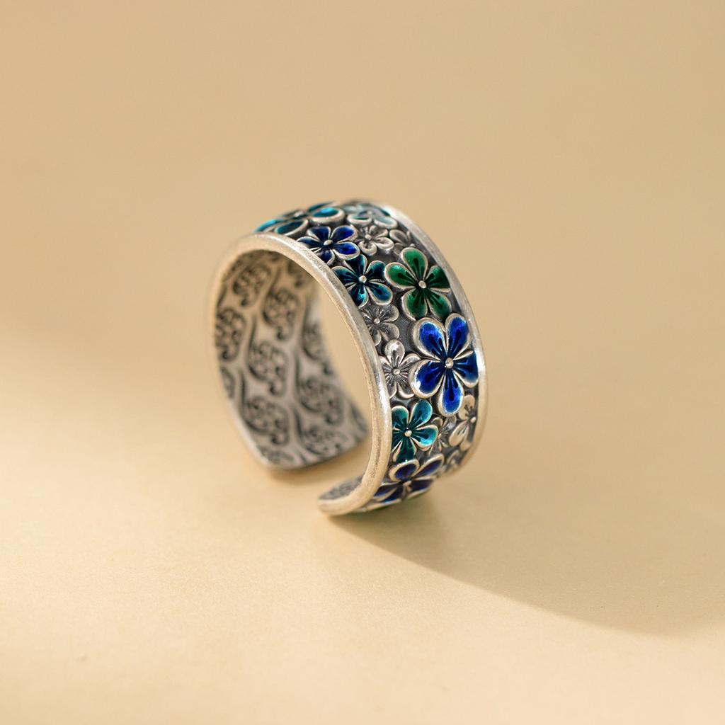 New Chinese Ethnic Floral Open Ring Enamel Colorful Vintage Heavy Duty Adjustable Size Casual Everyday Dainty Minimalist Personalized Female Jewelry