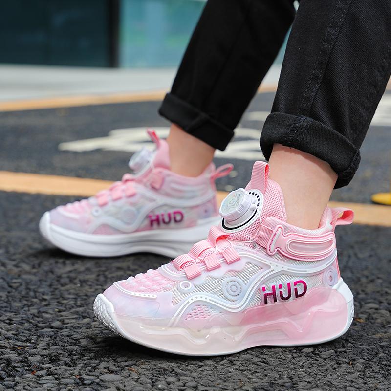 Kids Sports Basketball Shoes Boys Breathable Sports Shoes Fashion Rotating Button Night Reflective Girls Sports Shoes