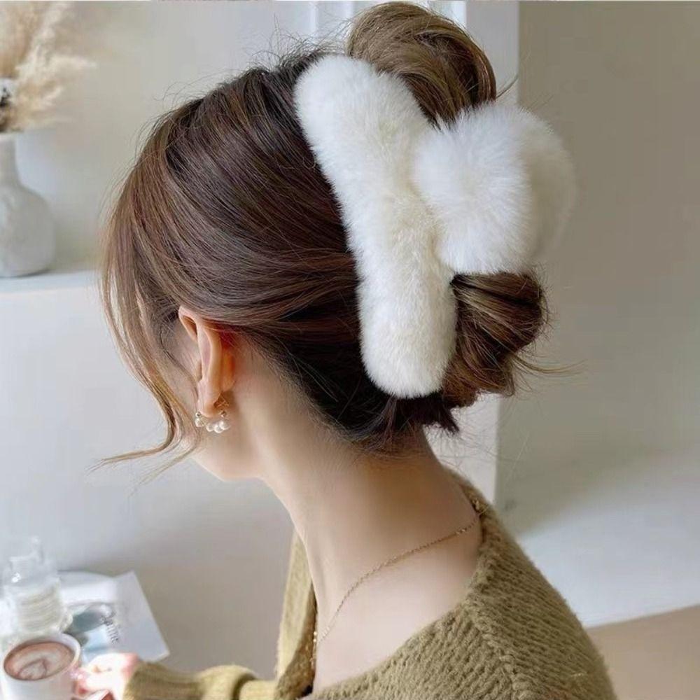 Pure Color Faux Fur Large Hair Clip Leopard Print Winter Hair Accessories Sweet Grasp Clip Girls