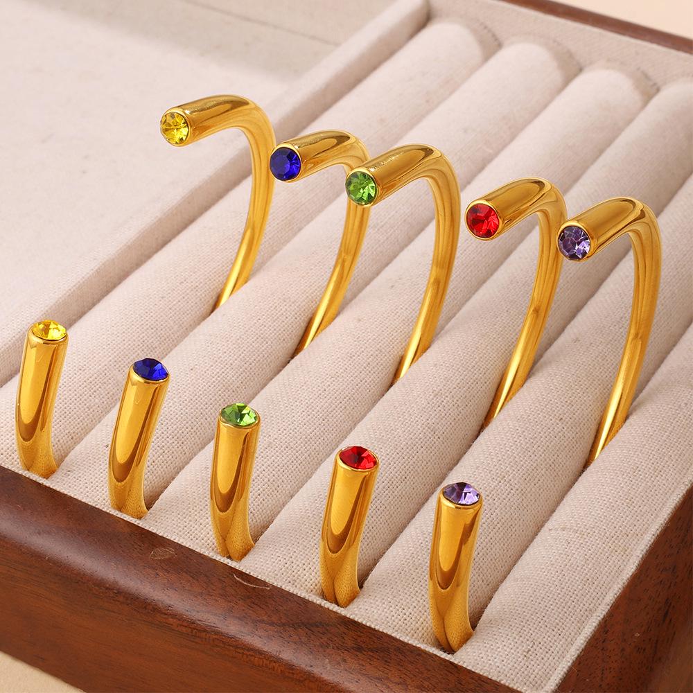 Cross-Border Gold Luxury Rhinestone Stainless Steel Open Bangle Bracelet