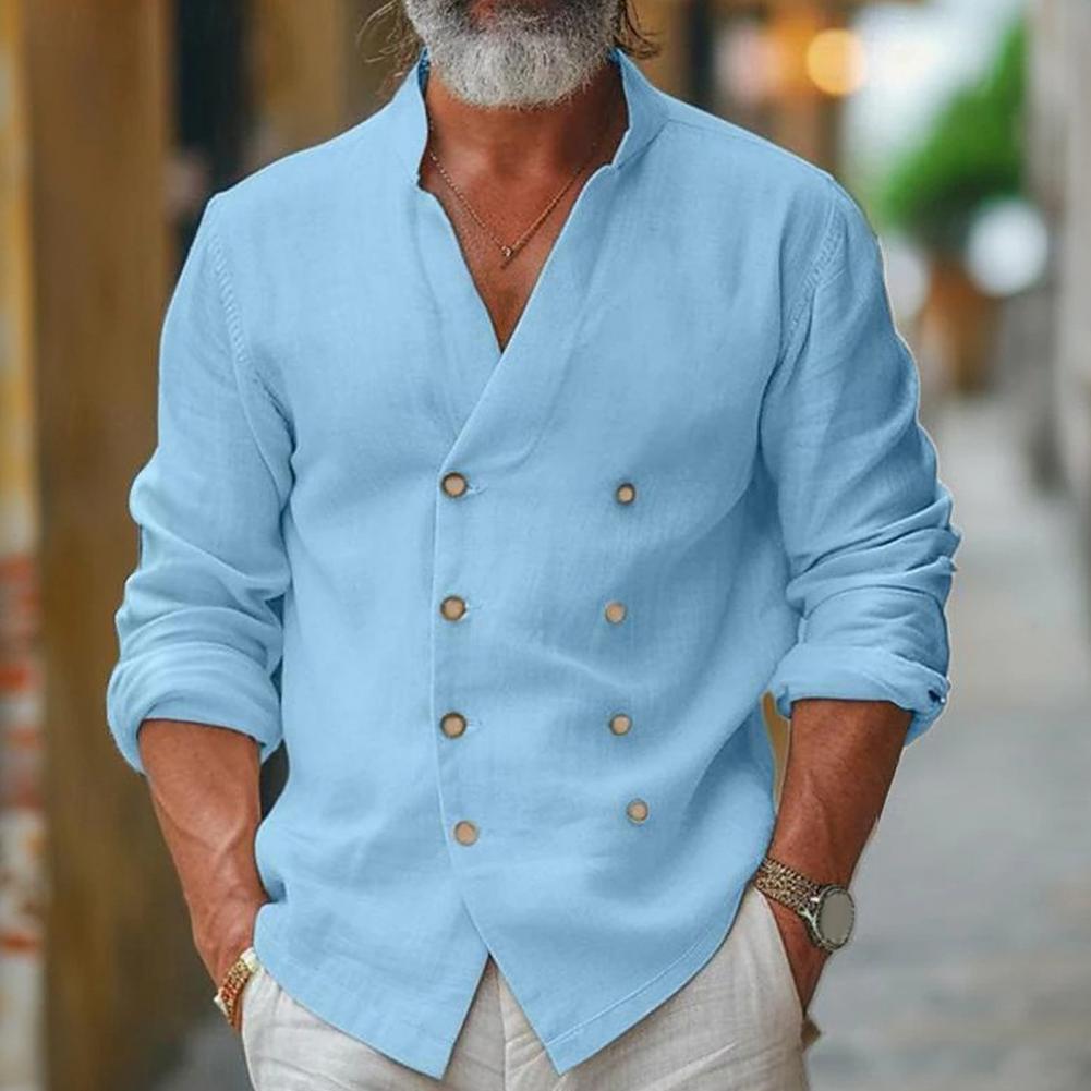 Günlük Stil Erkek Üstü Erkek Stand Yakalı V Yaka Çift Düğmeli Hırka Sonbahar İlkbahar için Günlük Orta Uzunlukta Gömlek