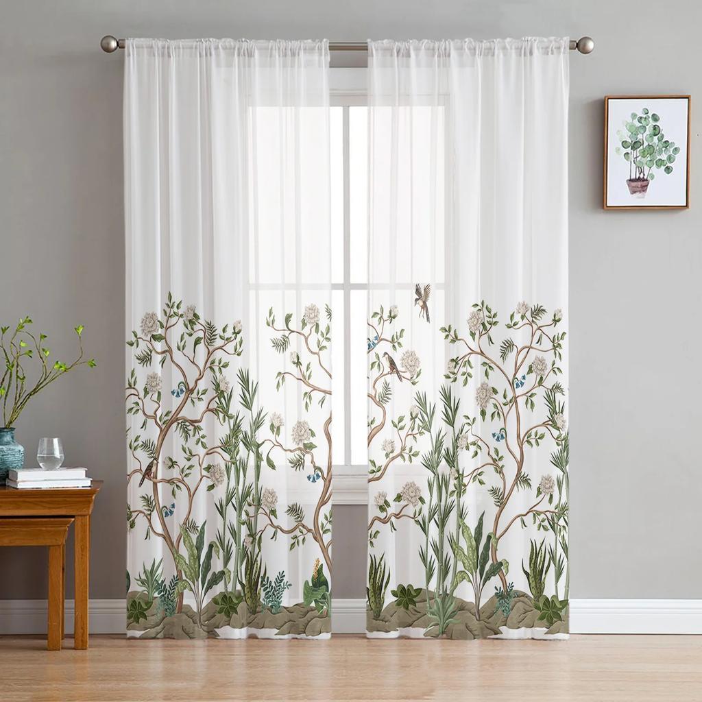 Black White Flowers Printed Curtains Drape Tulle Home Decoration Living Room Bedroom Cortinas Chiffon Window Light Filtering Polyester Great Treatment