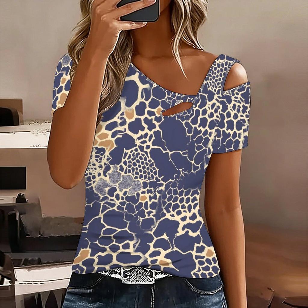 Women Leopard Print Cold Shoulder Short Sleeve T Shirt Irregular Cutout Neck Casual Summer Blouse Top