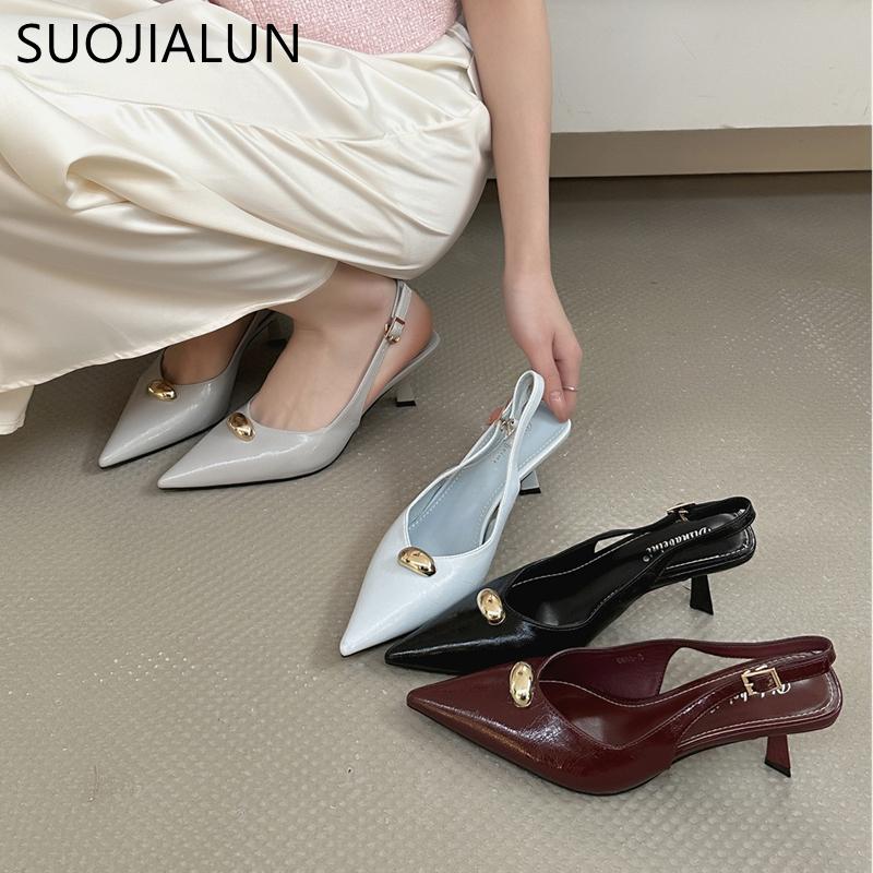 Fashion SUOJIALUN 2025 Summer New Brand Women Sandal Shoes Fashion Pointed Toe Shallow Slip On Ladies Elegant Slingback Shoes Pumps