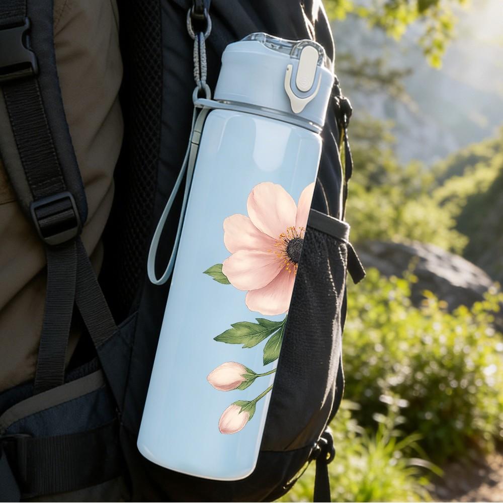 1PC Soft Pink Single Daisy Flower Print 750ml Color Plastic Sports Water Bottle Leakproof Flip Straw Lid Suitable for Sports Office Home Use