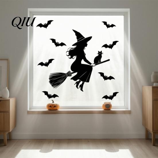 Festive Atmosphere Wall Stickers Halloween Witch Black Cat Static Window Stickers, Waterproof PVC Silhouette Decals, Decals Removable Art Decor