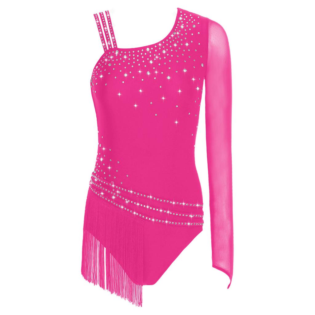 Womens Gymnastics Leotard Asymmetric Shoulder Design Glittery Rhinestone Tassel Fringe Bodysuit Latin Dancewear