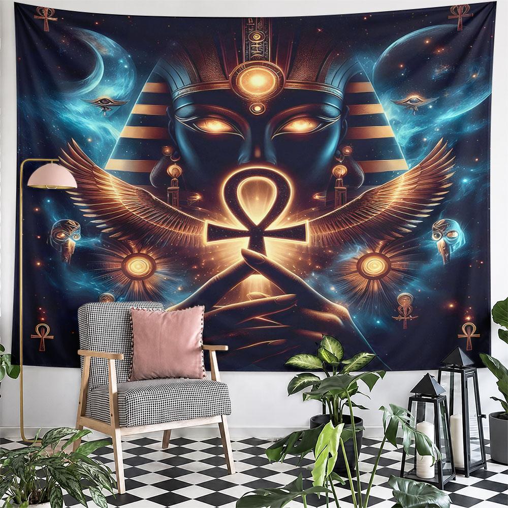"Egyptian Ankh with Cosmic Pharaoh Art" Pattern Wall Hanging Tapestry Decorative Tapestry Home Decor for Bedroom and Living Room