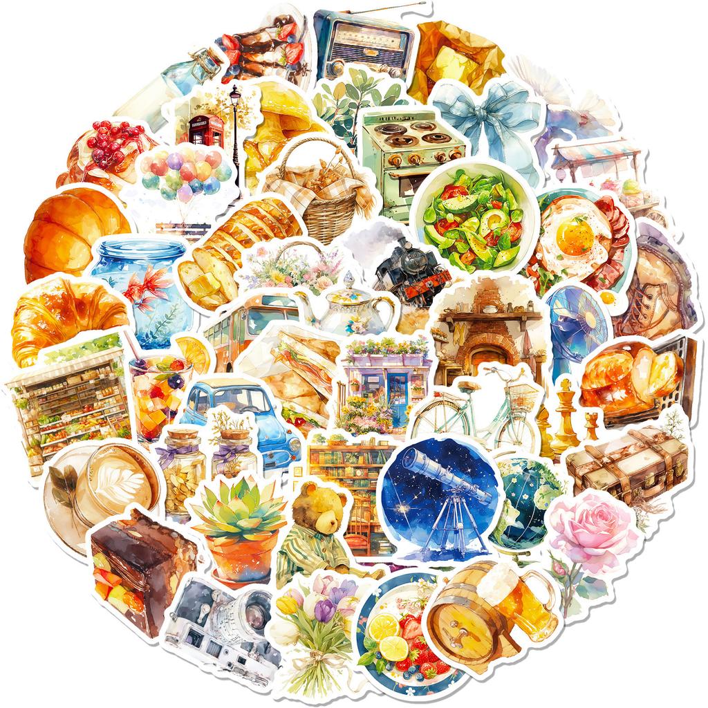 50 Sheets Of Watercolor Life Cartoon Hand-Painted Realistic Graffiti Sticker Pudding Croissant Decorative Suitcase Water Cup Sticker