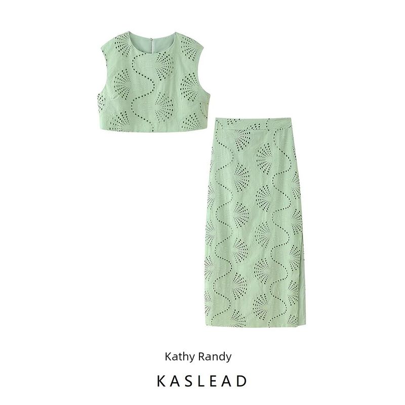 Kaslead New Women clothes Western Style Fashion Simple Embroidered Vest Split Skirt Set