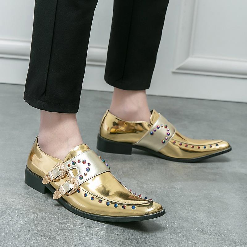 Designer Men's Shoes British Business Casual Leather Shoes Punk Rivet Buckle Strap Loafers Men Square Toe Party Stage Dress Shoe