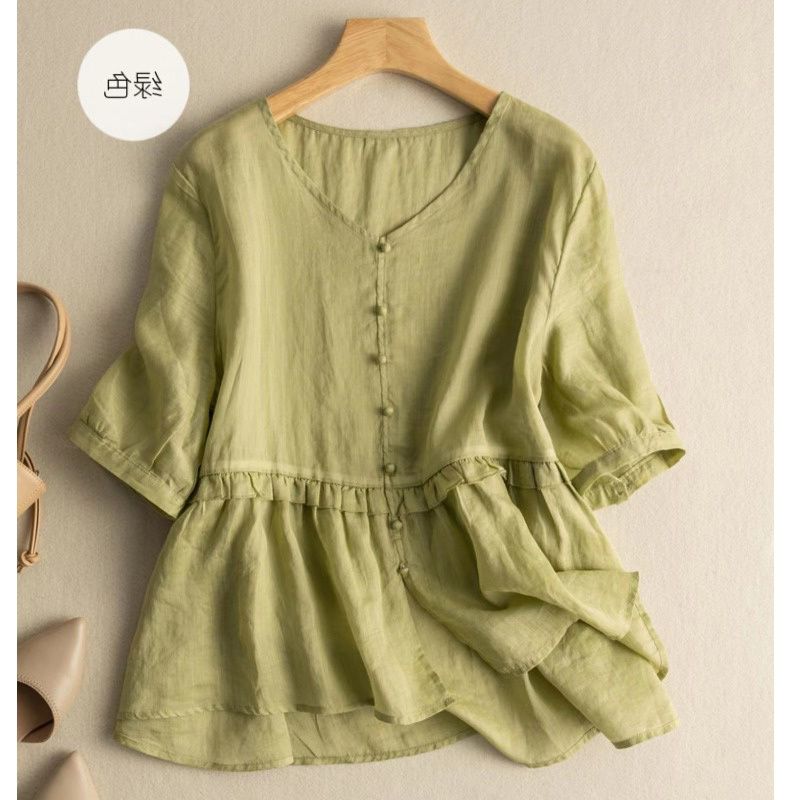 

Японская хлопково-льняная женская рубашка с коротким рукавом, свободная и стройнящая, с темпераментным V-образным вырезом, кукольная рубашка-топ XXL