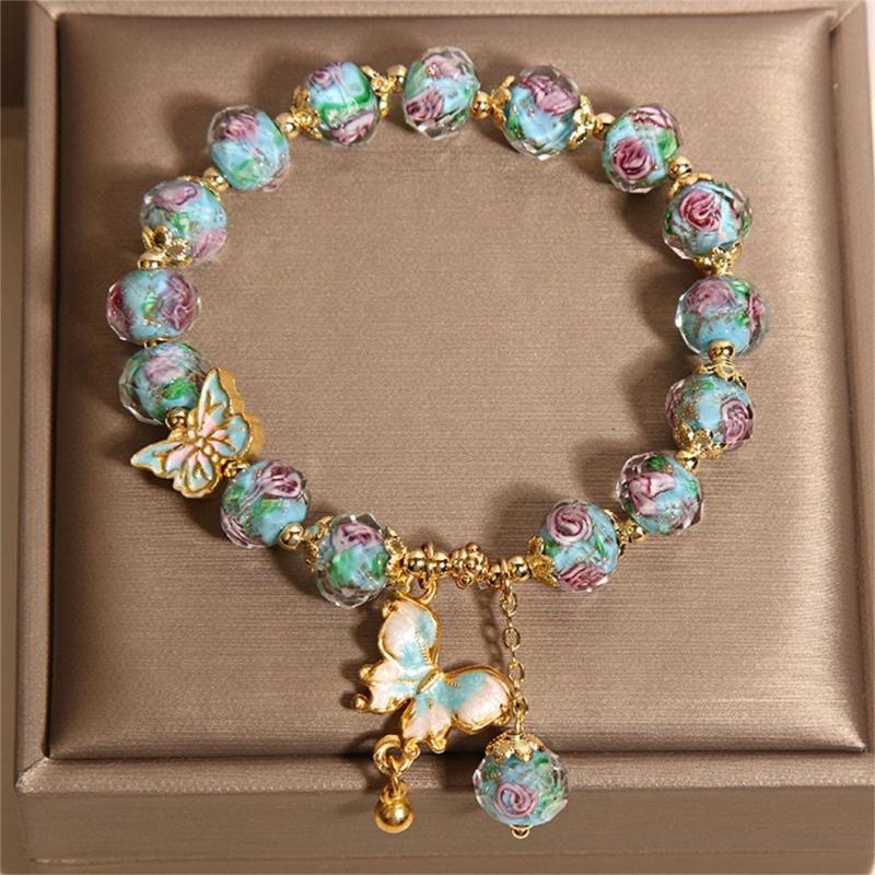Nature Glass Bead Bracelet Adorned with Butterfly Pendant and Rose Garden Charm for All Day Comfort and Elegant Styles