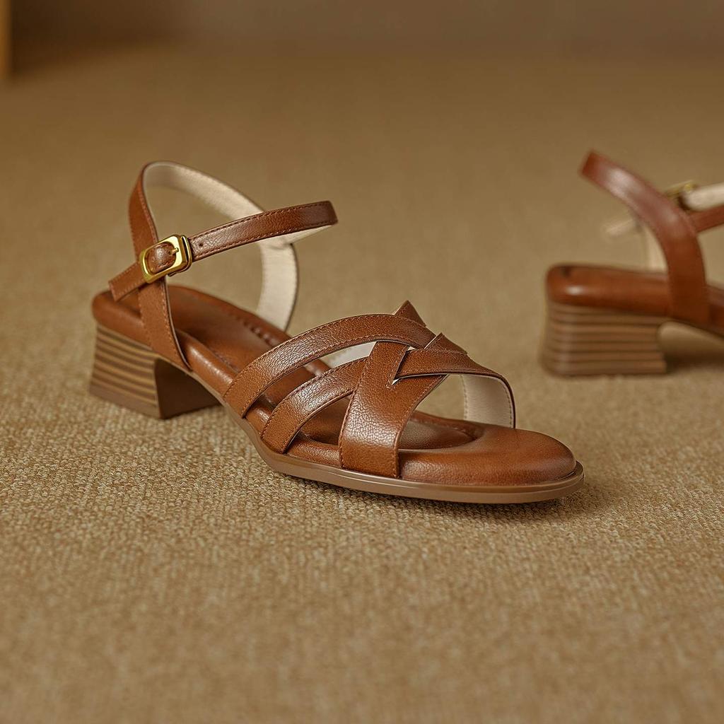 Krazing Pot Cow Skin Thick Med Heels Peep Toe Summer Size 42 Brand Shoes Street Wear Gladiator Elegant Women Sandals