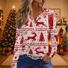 Women's Christmas Print V-Neck Long Sleeve Button Casual T-Shirt Tunic Blouse