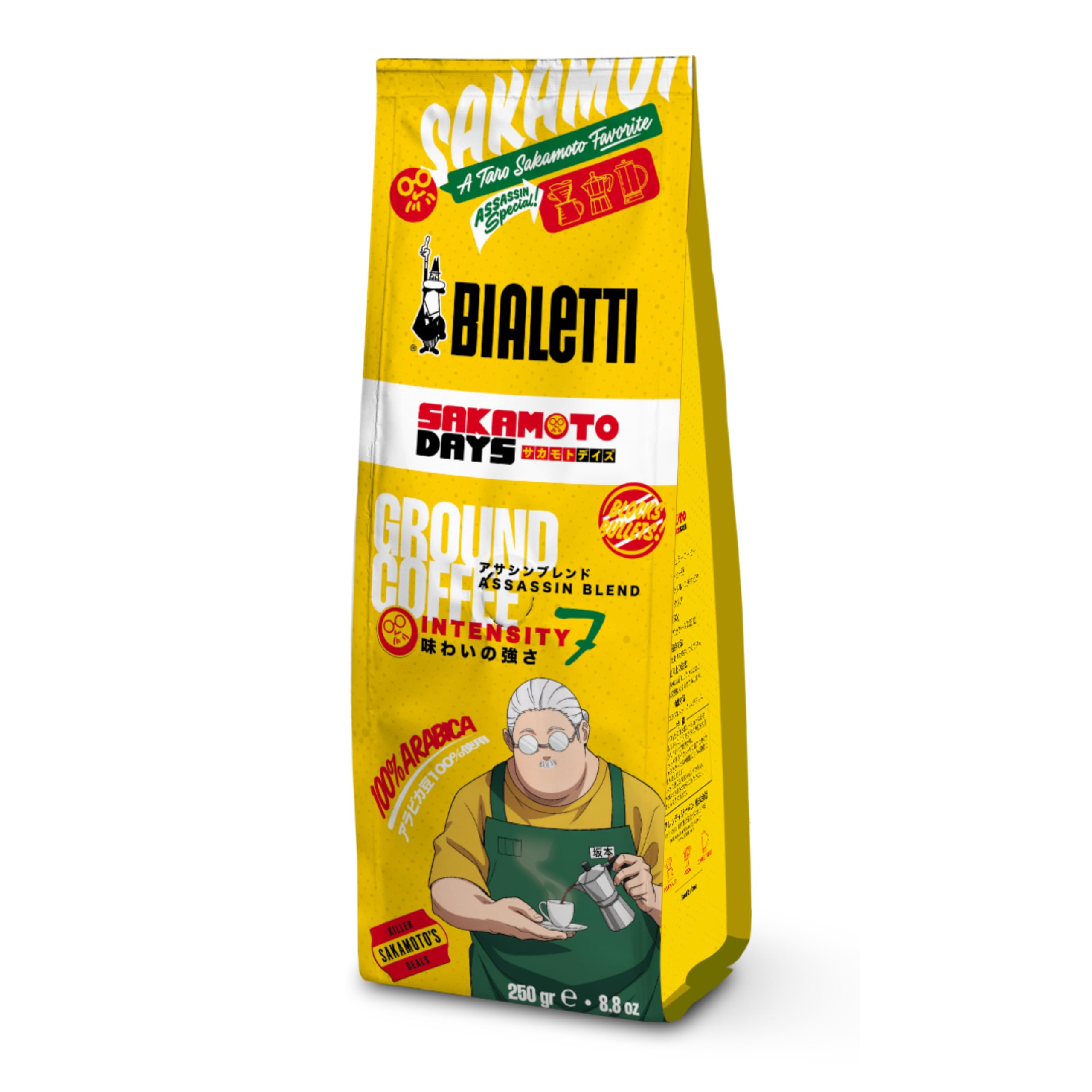 

Bialetti SAKAMOTO DAYS Смесь Ассасин Мелкий помол для итальянского, французского и капельного кофе, 250 г, Кофе, Эспрессо, Пресс,