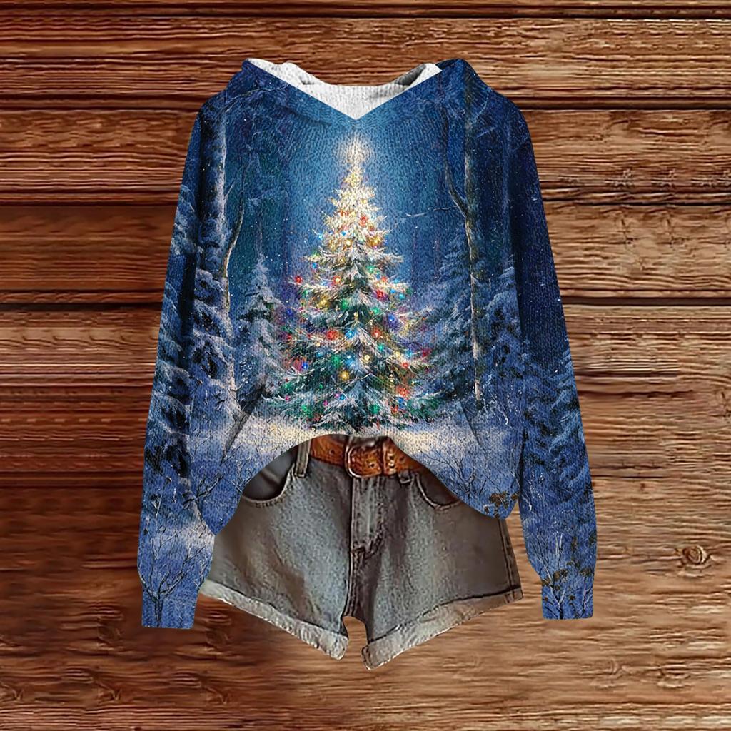 Women's Fashion Casual Long Sleeve Christmas Print Hooded Knitted Sweatshirt