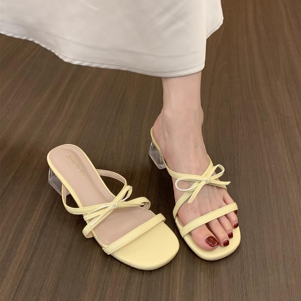 French Fairy Style Gentle Evening Shoes Bow Word with Open Toe Cool Slippers Female Summer Wear Crystal Heel Sandals