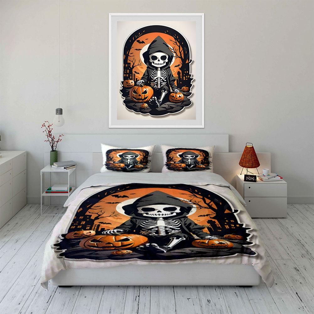 Halloween Skeleton Pumpkin Scene Bedding Duvet Cover Set Duvet Cover Pillowcases (1*Duvet Cover 2*Pillowcases, without duvet insert)