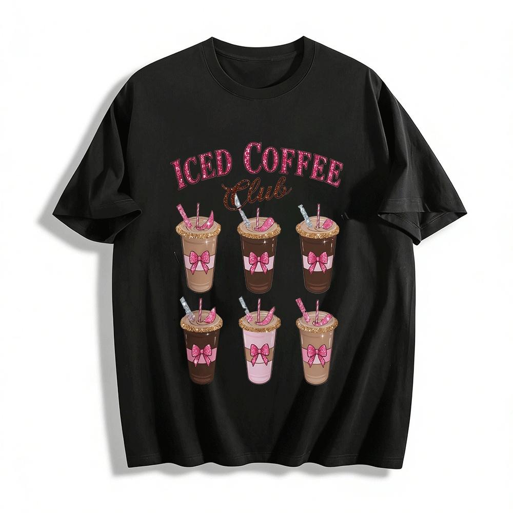 

Iced Coffee Club Glitter Print Casual Tee For Coffee Lovers Pure cotton T-shirt XXS