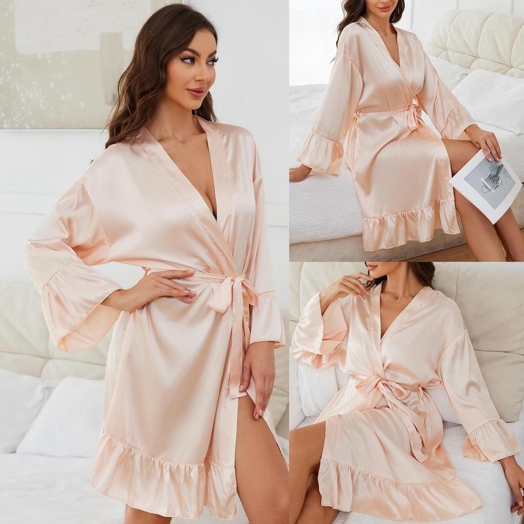 Vestaglie da notte da donna in raso di seta imitazione, maniche lunghe, con lacci, accappatoio, pigiama sexy di lusso, autunno, primavera, per dormire, casual, da casa