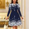 Women Long Sleeve Round Neck Midi Dress Abstract Brush Stroke Floral Print Flared Casual Dress